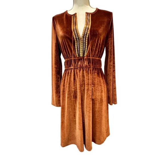 Luukse Velvet Long Sleeve Dress With Embroidered Detail & Tassels Brown Small - Picture 7 of 8